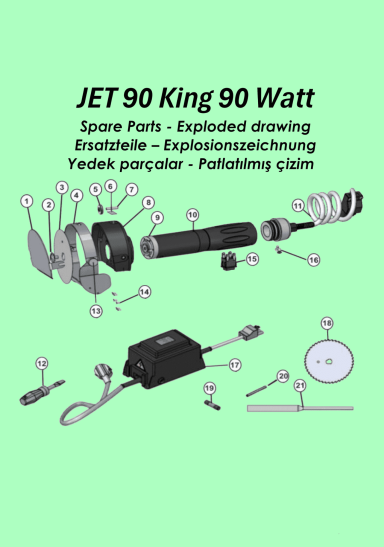 Ersatzteile Dönermesser Jet 90 King Explosionszeichnung einer 90 Watt JET 90 King Zubehörteile und Komponenten.